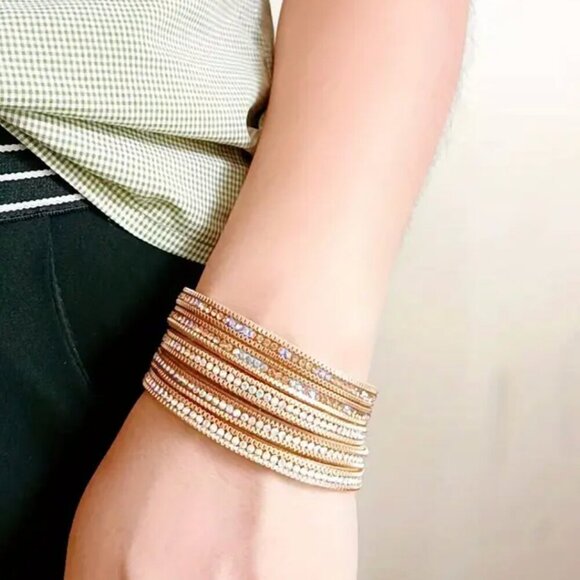 New Rhinestone Gold Cuff Multi Layer Bangle look Boho Chic Bracelet NWT - Picture 1 of 6